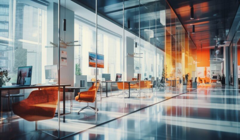 Blurry scene business office background. Lobby reception hall interior or empty indoor foyer meeting room with blurry light from glass wall window